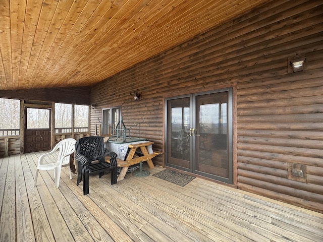 1083 N Rd, Ripley, ME 04930 - sunroom / solarium with wooden ceiling, log walls, lofted ceiling, and hardwood / wood-style flooring