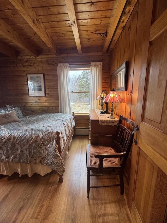 1083 N Rd, Ripley, ME 04930 - bedroom with beamed ceiling, wood walls, light wood finished floors, and wood ceiling