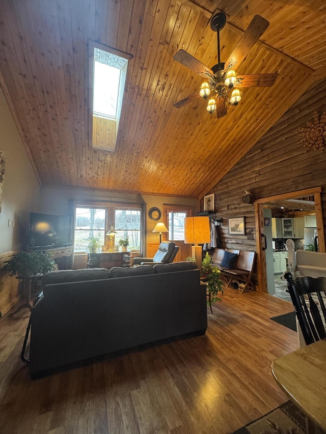 1083 N Rd, Ripley, ME 04930 - living room featuring wooden ceiling, a ceiling fan, and vaulted ceiling
