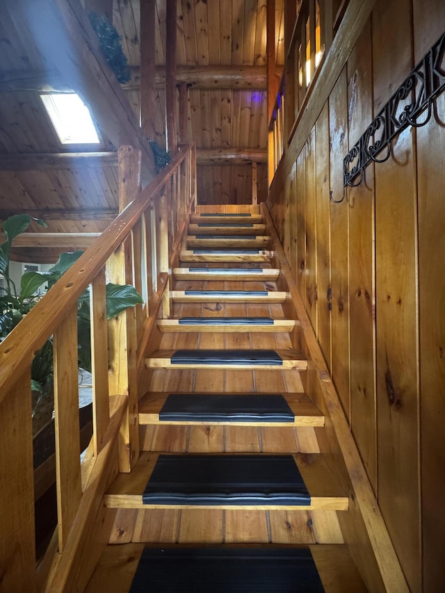 1083 N Rd, Ripley, ME 04930 - stairway featuring wooden walls and wooden ceiling