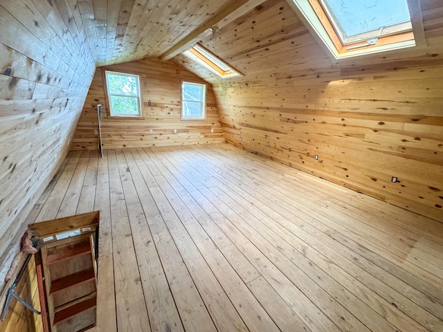 108/9 113 Sandy Beach Rd, Glenburn, ME 04401 - additional living space featuring wood walls, vaulted ceiling with skylight, wood-type flooring, and wood ceiling