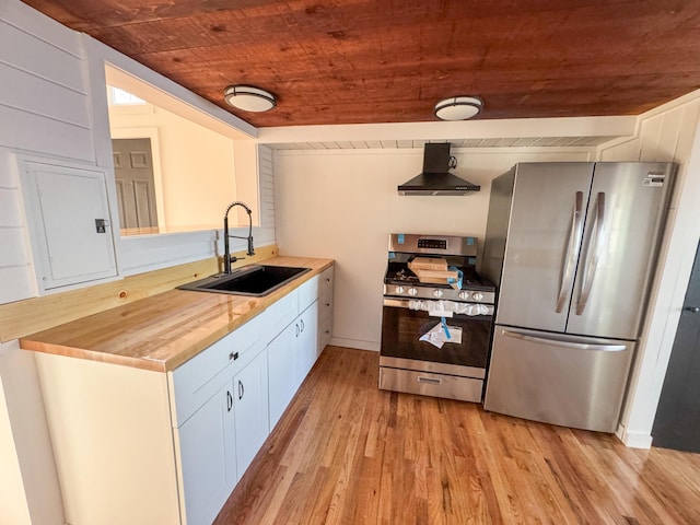 108/9 113 Sandy Beach Rd, Glenburn, ME 04401 - kitchen with light wood finished floors, a sink, wooden ceiling, wall chimney range hood, and appliances with stainless steel finishes