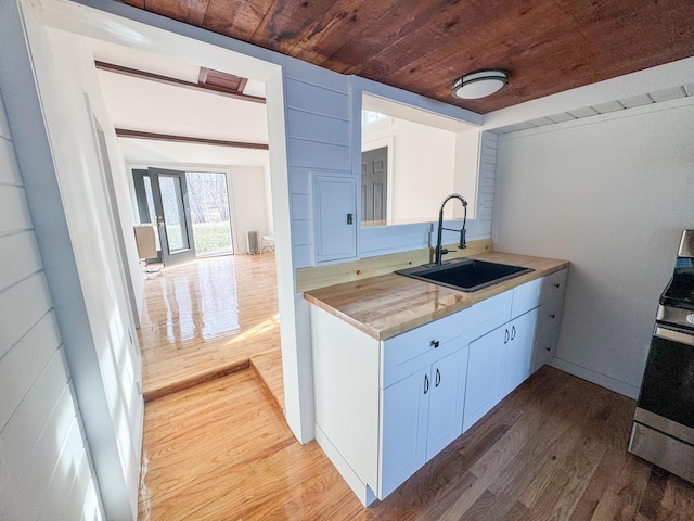 108/9 113 Sandy Beach Rd, Glenburn, ME 04401 - kitchen with a sink, light countertops, wooden ceiling, wood finished floors, and stainless steel stove