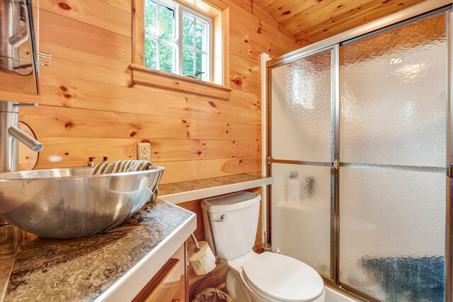 108/9 113 Sandy Beach Rd, Glenburn, ME 04401 - bathroom with vanity, an enclosed shower, wood walls, and wooden ceiling