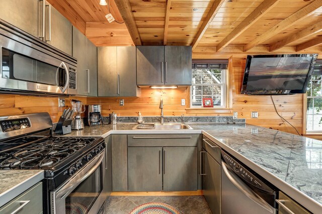 108/9 113 Sandy Beach Rd, Glenburn, ME 04401 - kitchen featuring stainless steel appliances, plenty of natural light, a wood ceiling with exposed beams, tile counters, and wooden walls