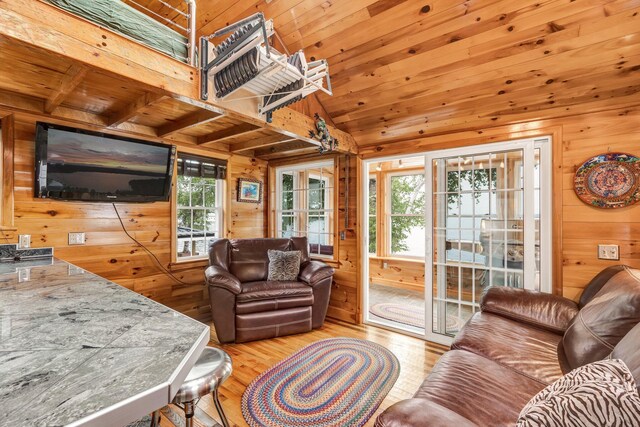 108/9 113 Sandy Beach Rd, Glenburn, ME 04401 - living room with wood walls, light wood finished floors, wooden ceiling, and lofted ceiling
