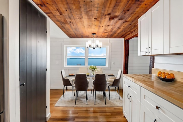 108/9 113 Sandy Beach Rd, Glenburn, ME 04401 - dining space with wood ceiling, a chandelier, wood finished floors, and wood walls
