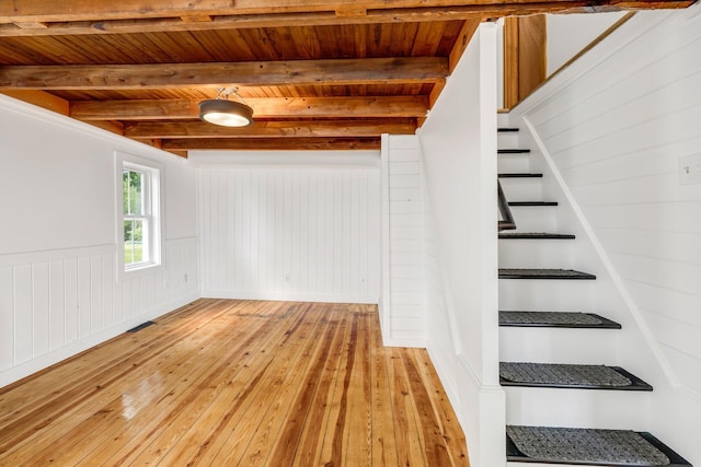 108/9 113 Sandy Beach Rd, Glenburn, ME 04401 - stairs featuring hardwood / wood-style flooring, a wood ceiling with exposed beams, and wooden walls