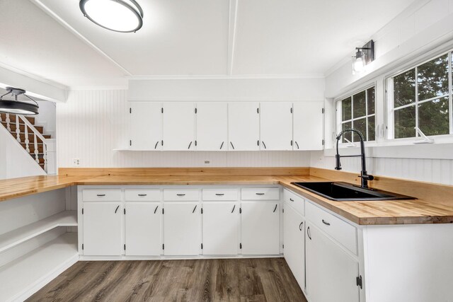 108/9 113 Sandy Beach Rd, Glenburn, ME 04401 - kitchen with dark wood-type flooring, crown molding, white cabinets, and wooden counters