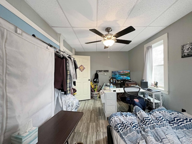 1716 Main St, Mapleton, ME 04757 - bedroom featuring a drop ceiling, a ceiling fan, and wood finished floors