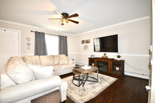 living area featuring ceiling fan, dark wood finished floors, ornamental molding, a baseboard radiator, and baseboards