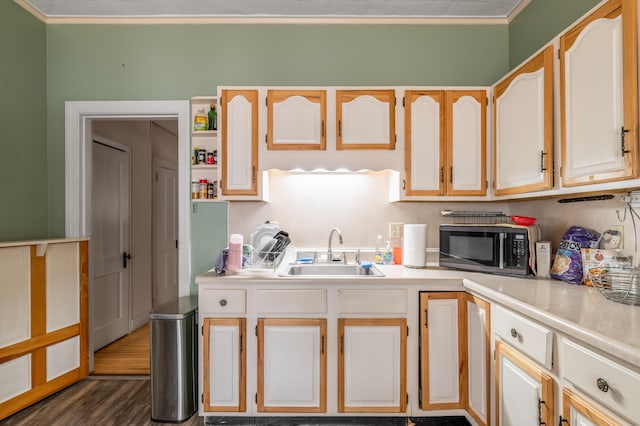 kitchen with a sink, light countertops, crown molding, and dark wood-style flooring