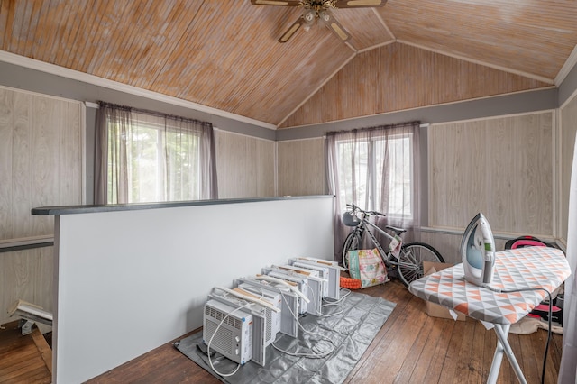 miscellaneous room with wooden ceiling, ceiling fan, wood-type flooring, and vaulted ceiling