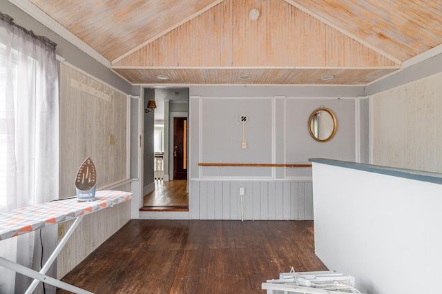 unfurnished room featuring wooden ceiling, wood finished floors, and lofted ceiling
