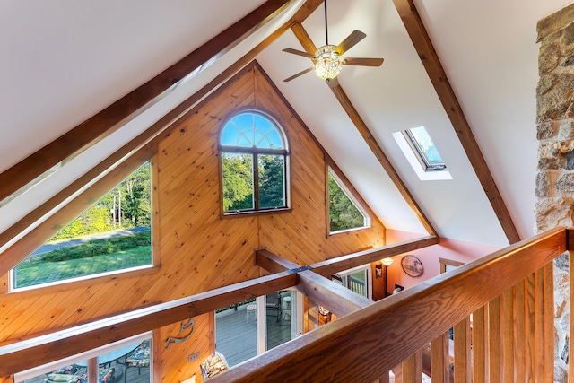 252 General Turner Hill Rd, Turner, ME 04282 - details with a skylight, wooden walls, a ceiling fan, and beam ceiling