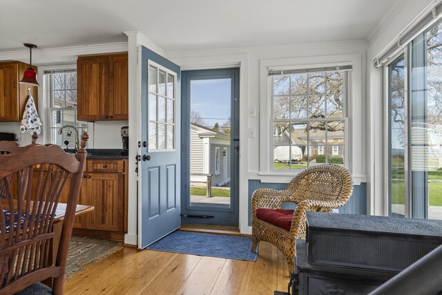 doorway featuring crown molding and light wood-style floors