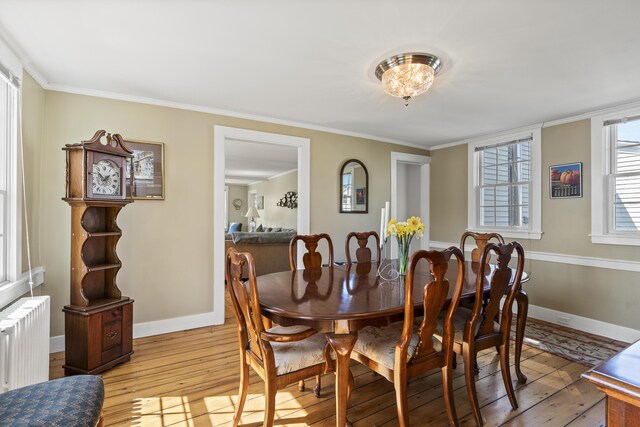 dining space featuring crown molding, baseboards, radiator heating unit, and light wood finished floors