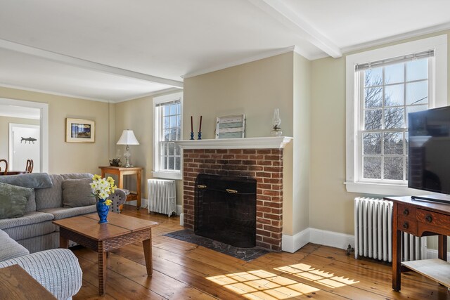 living area featuring radiator, a brick fireplace, and hardwood / wood-style floors