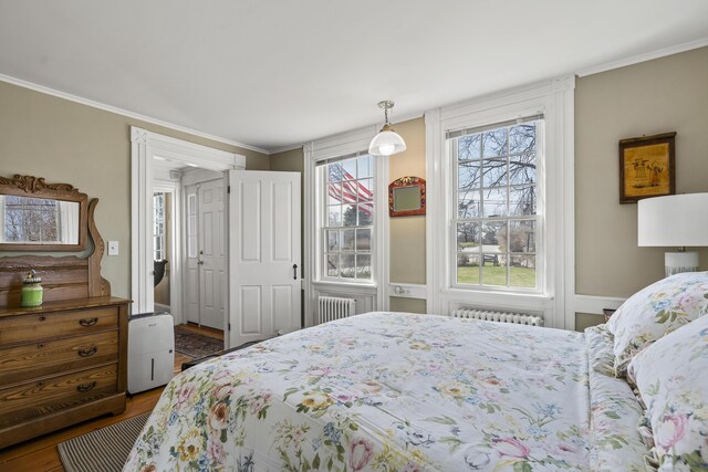 bedroom featuring wood finished floors, ornamental molding, radiator, and radiator heating unit