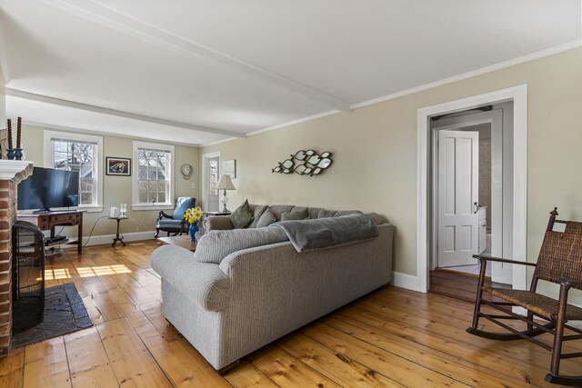 living room featuring baseboards, ornamental molding, and light wood finished floors