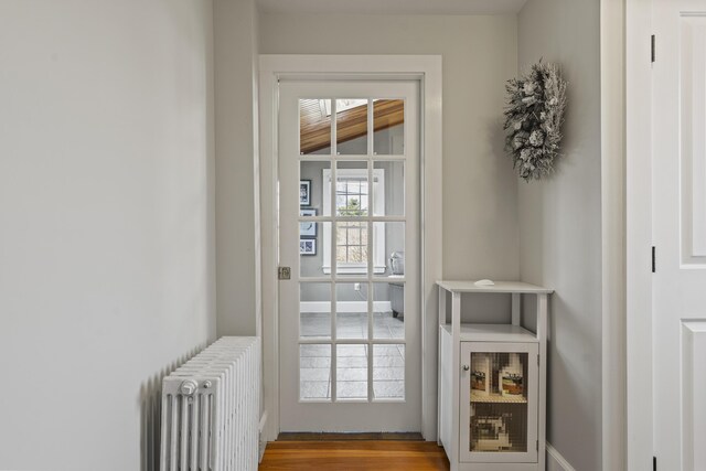 doorway to outside featuring wood finished floors and radiator