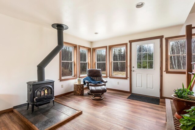 living area featuring baseboards, wood finished floors, a wood stove, and a healthy amount of sunlight