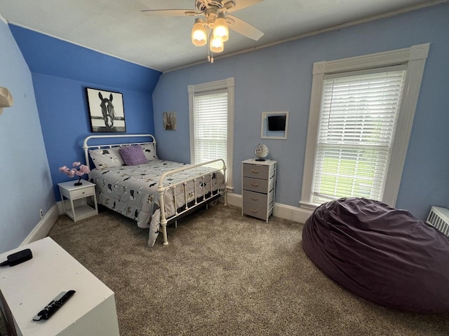475 Main St, Van Buren, ME 04785 - bedroom featuring lofted ceiling, carpet flooring, baseboards, and ceiling fan