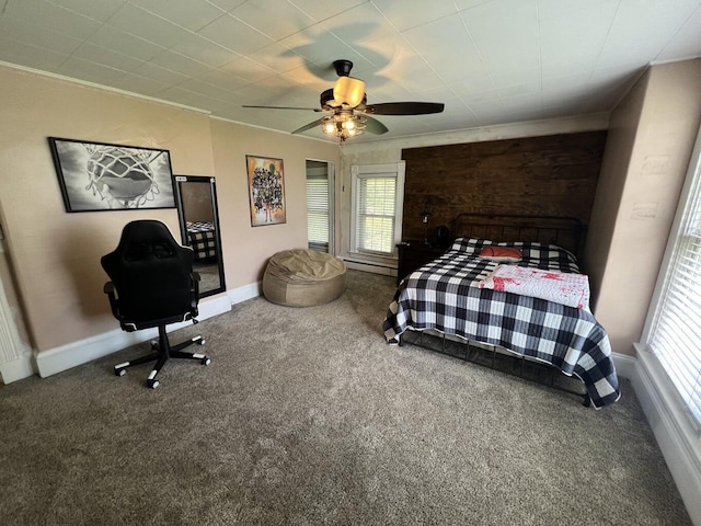 475 Main St, Van Buren, ME 04785 - bedroom with carpet, ornamental molding, baseboards, and a ceiling fan