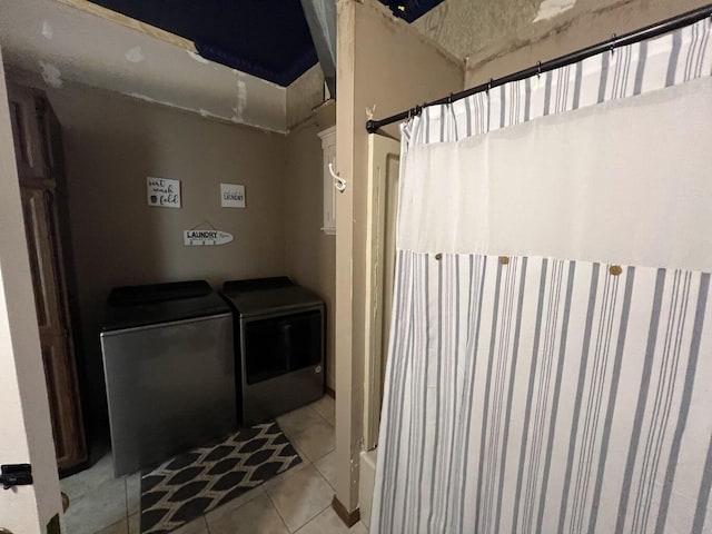 475 Main St, Van Buren, ME 04785 - full bath with separate washer and dryer, tile patterned flooring, and curtained shower