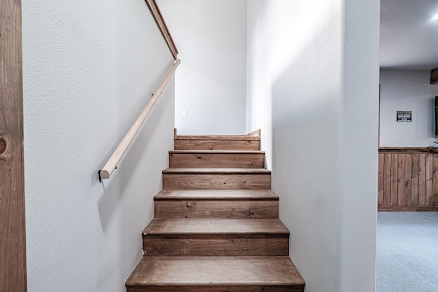 stairs featuring carpet flooring