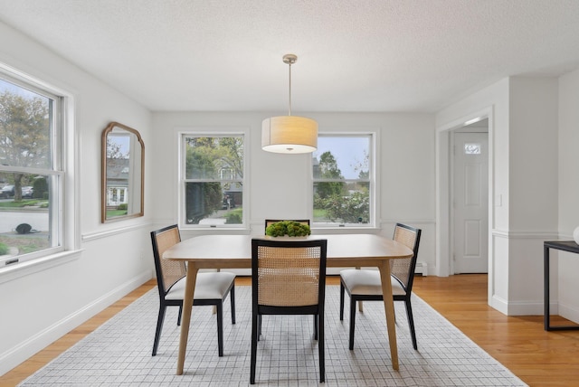 dining space featuring healthy amount of natural light, light wood-style floors, a baseboard radiator, baseboards, and a textured ceiling