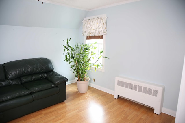 165 Pleasant Ave, Madawaska, ME 04756 - sitting room with radiator heating unit, ornamental molding, wood finished floors, and baseboards