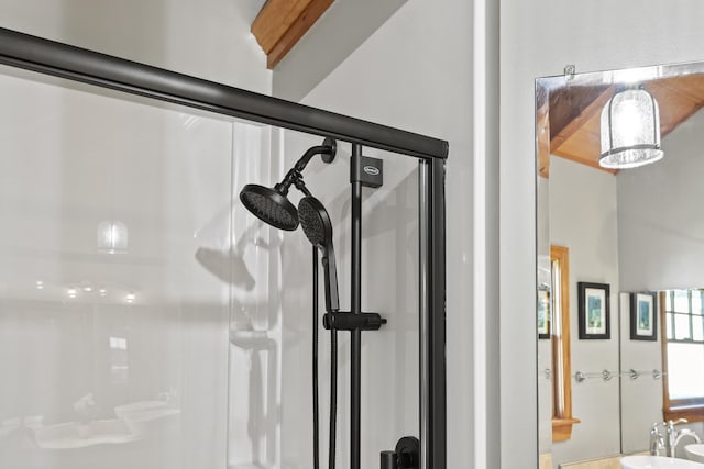 interior details with a sink and a stall shower