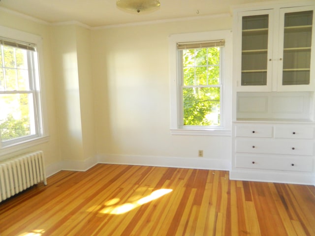 1 Prospect St, Sanford, ME 04083 - spare room featuring light wood finished floors, baseboards, crown molding, and radiator