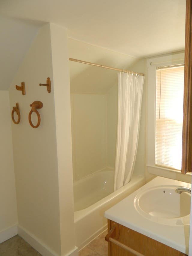 1 Prospect St, Sanford, ME 04083 - full bathroom featuring shower / bath combo, vanity, and vaulted ceiling