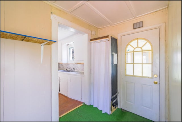 21 Exeter Rd, Corinna, ME 04928 - entryway with visible vents, a healthy amount of sunlight, carpet, and a sink