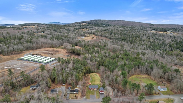 bird's eye view featuring a forest view and a mountain view