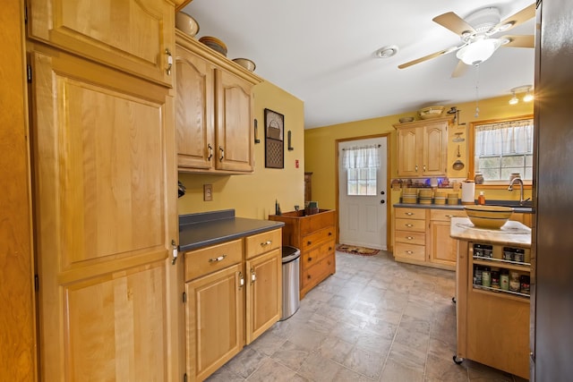 kitchen with light brown cabinetry, a healthy amount of sunlight, dark countertops, and a ceiling fan