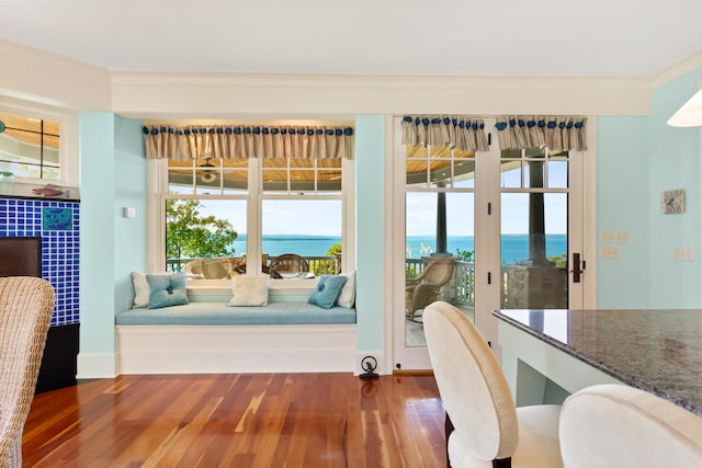 entryway with baseboards, wood finished floors, a water view, and plenty of natural light