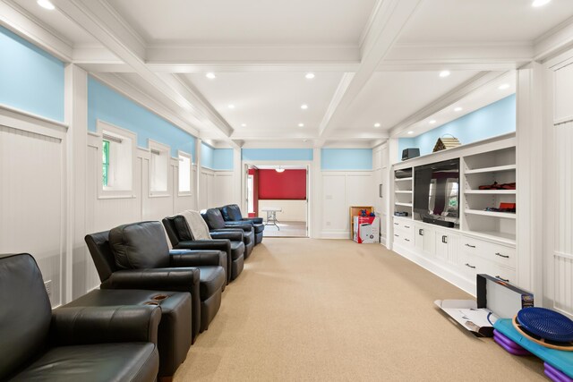 living area featuring a decorative wall, crown molding, light colored carpet, coffered ceiling, and beam ceiling
