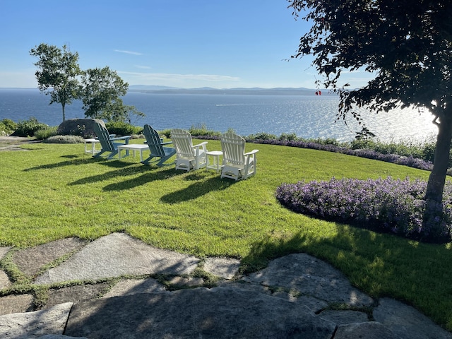 view of yard featuring a water and mountain view