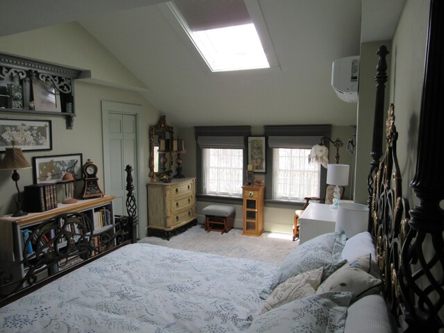 57 Salmond St, Belfast, ME 04915 - carpeted bedroom featuring lofted ceiling, an AC wall unit, and a skylight
