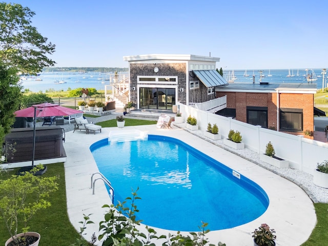 21 Atlantic St, Rockland, ME 04841 - view of pool with a water view, a fenced backyard, and a patio