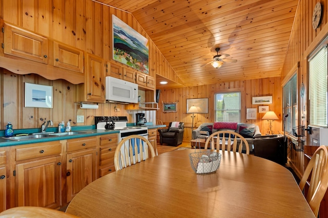 747 S Shore Dr Unit 6, Rangeley Plt, ME 04970 - dining room with wood walls, a ceiling fan, and wooden ceiling