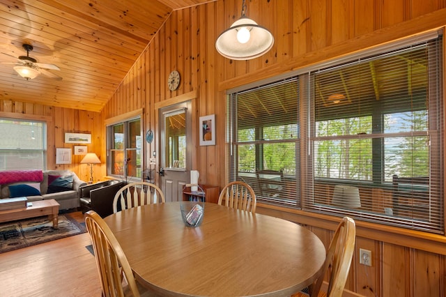747 S Shore Dr Unit 6, Rangeley Plt, ME 04970 - dining room with lofted ceiling, wooden walls, ceiling fan, wooden ceiling, and wood finished floors
