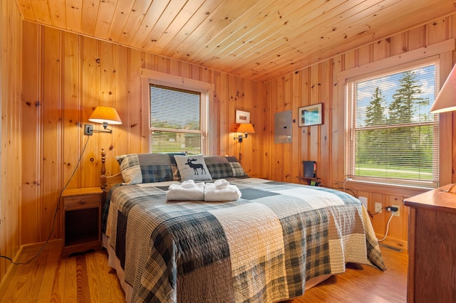 747 S Shore Dr Unit 6, Rangeley Plt, ME 04970 - bedroom featuring light wood finished floors, wood walls, wood ceiling, and electric panel