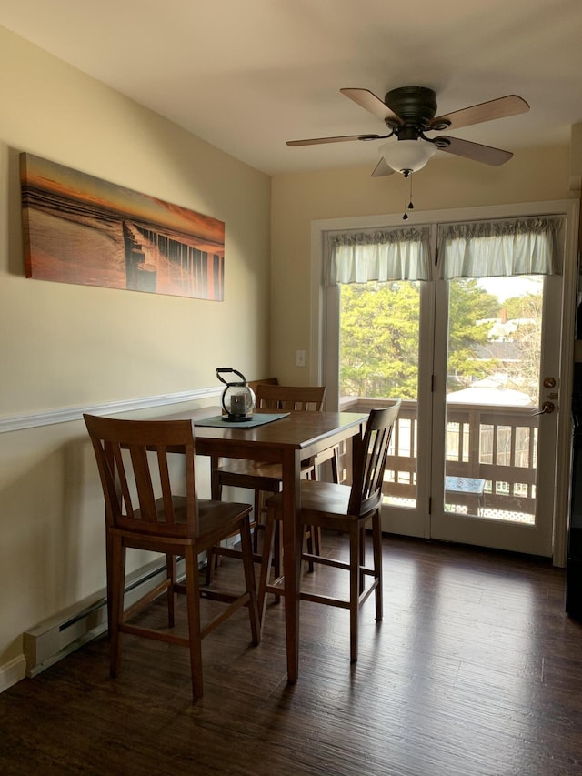 dining room featuring ceiling fan and dark wood finished floors