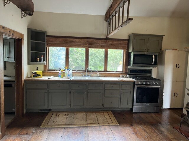 67 Elm St, Newfield, ME 04095 - kitchen featuring appliances with stainless steel finishes, gray cabinetry, dark wood finished floors, and healthy amount of natural light