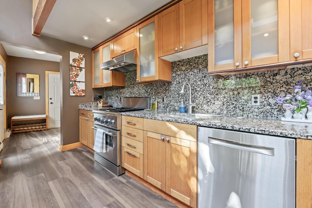 56 Old Kings Hwy, Ogunquit, ME 03907 - kitchen featuring light stone counters, appliances with stainless steel finishes, a sink, under cabinet range hood, and backsplash