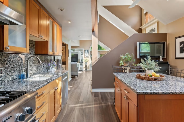 56 Old Kings Hwy, Ogunquit, ME 03907 - kitchen featuring stone counters, range hood, a sink, and dark wood finished floors